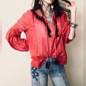 Belle Vere Romaine Red Balloon Sleeve Blouse Size Medium Bohemian Eyelet NWOT